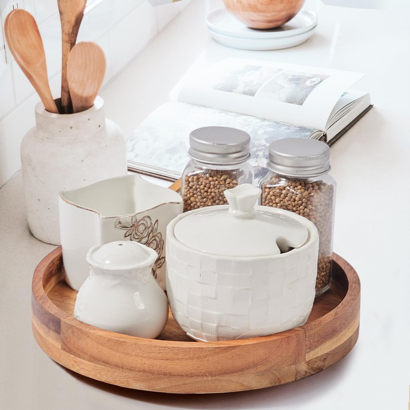 9 Inch Acacia Wood Lazy Susan Organizer for Cabinet, Lazy