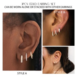 GEMAURA Women's Earrings, Gold, Hypoallergenic, 14 K Gold-Plated, Stud/Hoop Earrings, Small Piercings, Ear, Stackable, Set for Multiple Ear Piercing Holes, 3 Pairs, Sterling Silver