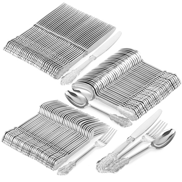 Silver Plastic Silverware - 150 Pack - Disposable Forks Spoons Knives, Elegant Fancy Flatware Utensils, Heavy Duty Plastic Cutlery, Perfect for Parties, Weddings
