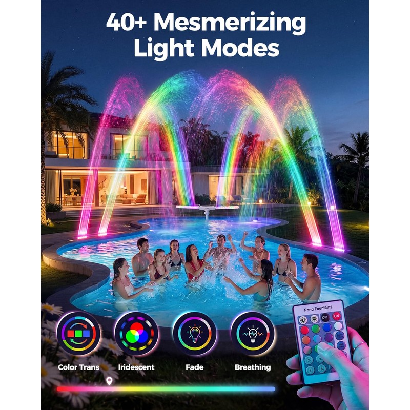 Solar Pool Fountain with Lights, Dual-Head Adjustable Spray, Timer