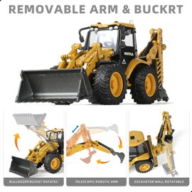 Risopen Excavator Toy, 1/50 Metal Die-cast Backhoe Front Loader Bulldozer, Construction Vehicle Model Decoration Toy Gift for Boys (Excavator - Yellow)