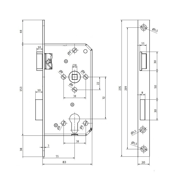 MS Beschläge Mortice Lock Square Edged 235 mm x 20