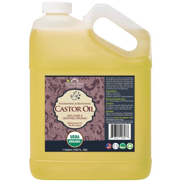 US Organic Castor Oil, Certified Organic, Expeller Pressed, Hexane Free, Pure & Natural moisturizing and emollient properties, For Skin, Hair Care, Eyelashes, Size for DIY and small manufacturers (128 oz (1 Gallon))
