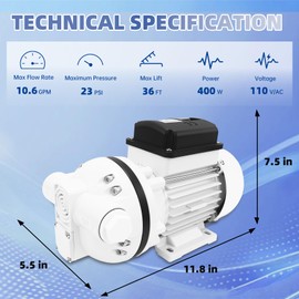 AC 110V DEF Fluid Transfer Pump, Diaphragm Self Priming Electric Water Pump for DEF, Oil, Water & Irrigation, DEF Fluid Transfer Pump Compatible with U.S. Plug, 400W, 10.6 GPM, 36ft Lift