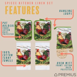 PREMIUS 5 Piece Printed Kitchen Linen Set, 2 Cotton Towels, 2 Potholders, 1 Oven Mitt with Hanging Loop, 100% Cotton Material on Front & Polyester Backing, Kitchen Gadget (Rooster)