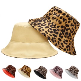 LUKIUP Reversible Leopard Print Fishing Hat Women Men Summer Sun Hat Foldable Bucket Hat Fishing Hat with Sun Protection for Summer, Holiday, Hiking, Beach, Shopping (Light Brown)