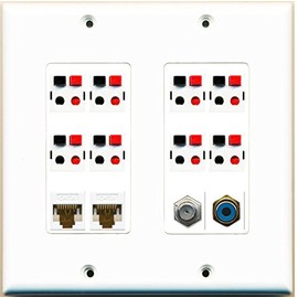 RiteAV - (2 Gang Decorative Coax 2 Cat6 White RCA Blue 8 Speaker Jack Wall Plate White