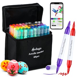 YHC 60 Colors Acrylic Paint Pens with Free App, Dual Tip Acrylic Paint Markers with Brush Tip and Fine Tip for Adults, Kids, Eggs, Wood, Rock, Canvas, Plastic, Stone, Glass, Ceramic
