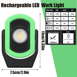 Retisee 2 Pcs 720 Lumens Magnetic Work Light USB Rechargeable LED Flashlight Portable Inspection Light for Car Repair Emergency Lighting Mechanics Workshop (Green)