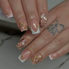 French Tip Press on Nails Square Fake Nails Medium False Nails with Gold Designs Stick on Nails Flower Charm Glue on Nails Pink Glossy Artificial Nails for Women 24pcs