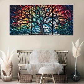 Tree of Life Canvas Wall Art Colorful GlassTree Wall Decor, Abstract Tree of Life Picture for Wall Living Room Bathroom Bedroom Home Decoration 12 * 18 in Framed