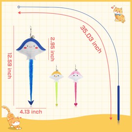 Andiker Cat Wand Toy, 30 in Long Flexible Stick with Cute Devil Fish Shape Bell Wand Refill Cat Fishing Pole Toy Interactive Cat Toy for Indoor Cats Kittens Pouncing Chasing Keeping Fit (Yellow)