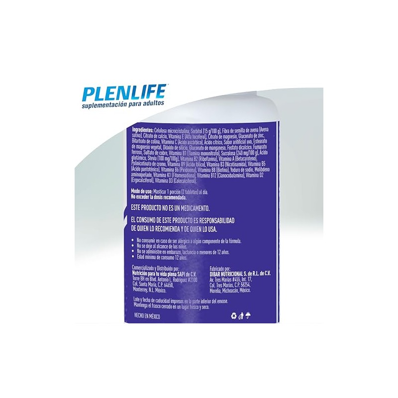 Plenlife Complejo Multivitaminas Tabletas Masticables Suplemento Alimenticio Vitaminas Minerales Sabor