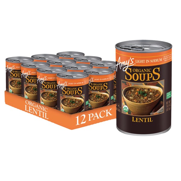 Amy’s Soup, Vegan Lentil Soup, Light in Sodium, Gluten Free, Made With Organic Green Lentils and Vegetables, Canned Soup, 14.5 Oz (12 Pack)