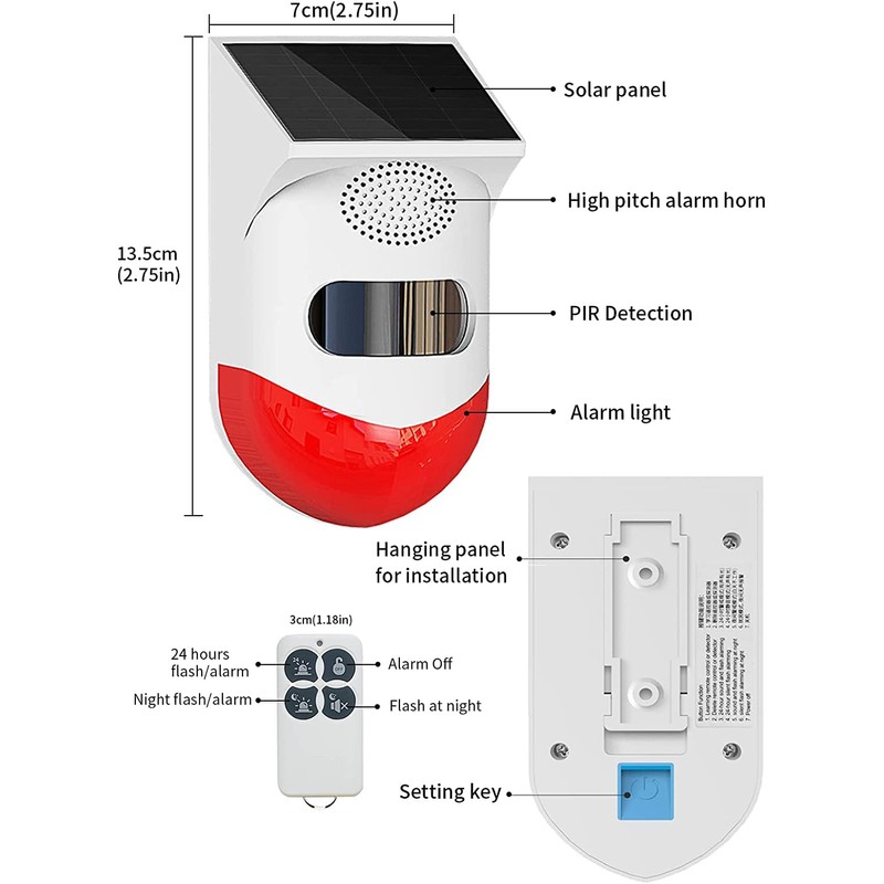 Solar Strobe Alarm Light with Motion Sensor Siren Outdoor Alarm