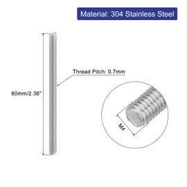 sourcing map 8Pcs Fully Threaded Rod, M4 x 60mm 304 Stainless Steel Right Hand Thread Bar Studs M4-0.7 Thread Pitch for Furniture Machinery Assembly