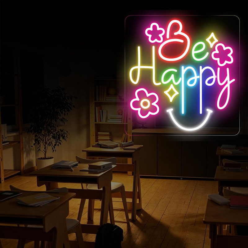 Be Happy Neon Sign, Positive Classroom Decor LED Light for