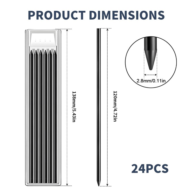 Pack of 24 Pencil Leads, 2.8 mm Pencil Replacement, Solid