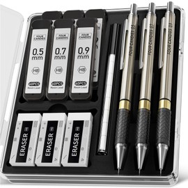 Four Candies 3 Piece Metal Mechanical Pencil Set 0.5, 0.7, 0.9mm HB Lead Refills (360 Leads) with Eraser for Drafting, Writing and Sketching with Case