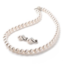 JOHNLUKE Premium Shell Pearl Necklace, Magnetic Type, Pearl, Natural Shells, Pearl Necklace, Earrings Set, Made in Japan, Jewelry Box Included, John Luke, Created Pearl