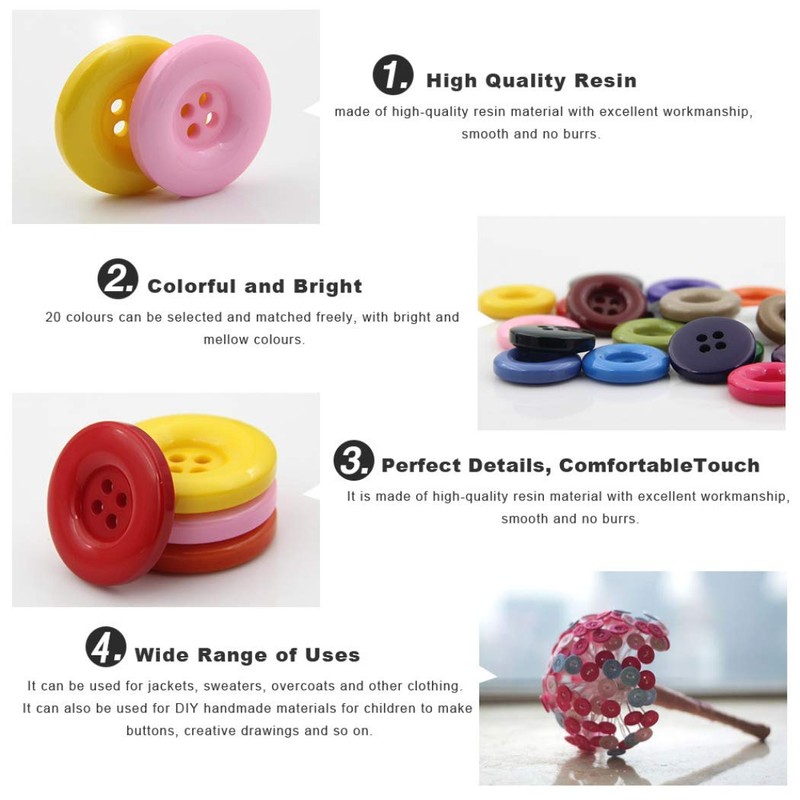 Multicolor Resin Buttons - Round 4 Holes, Various Sizes (Red,
