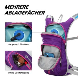 Nepest Hydration Backpack 8L - Bicycle Backpack & Ski Backpack with 2L Hydration Bladder | Ideal for MTB, Running & Skiing | Adjustable Chest & Waist Belt with Safety Whistle - Purple