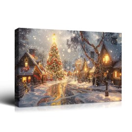 Christmas Gift Winter Wall Decor Snowy Village, Tree & Glowing Lights, Great for Festive Cheer & Home Christmas DecorColor: multi color, Size: 36*24 inch