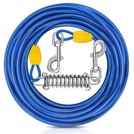 Petbobi Dog Tie-Out Cable 50ft - Outdoor Leash Metal Cable with Shock Absorbing Spring 360° Swivel Clips, Chain for Dogs Yard Camping, Fit Small Medium Large Pets Up to 120lbs, Blue