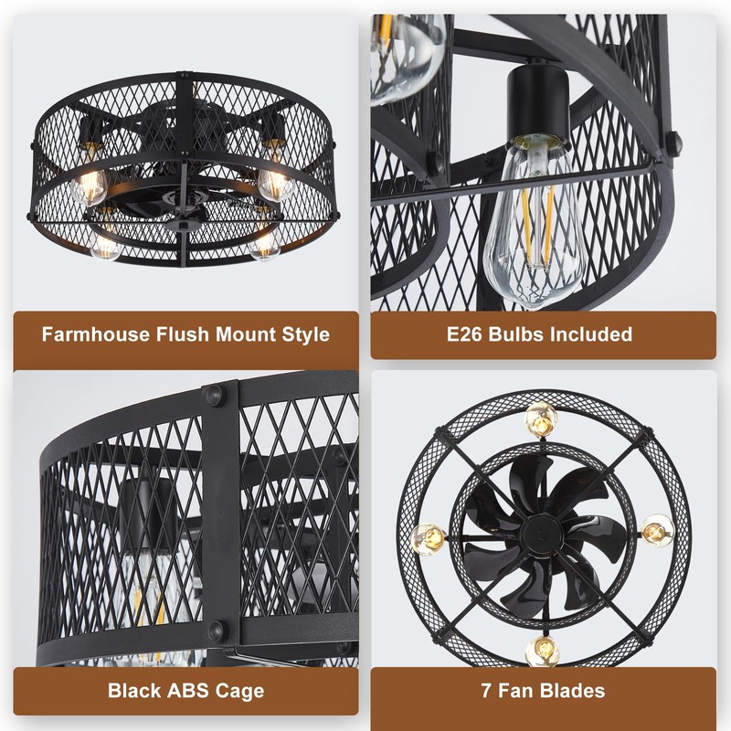 Depuley Caged Ceiling Fan with Light: 20" Flush Mount Ceiling