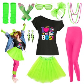 Xintorch 80s Outfit Women Costume Accessories Set T Shirt Leggings Tutu Skirt Neno Party Leg Warmers Headband