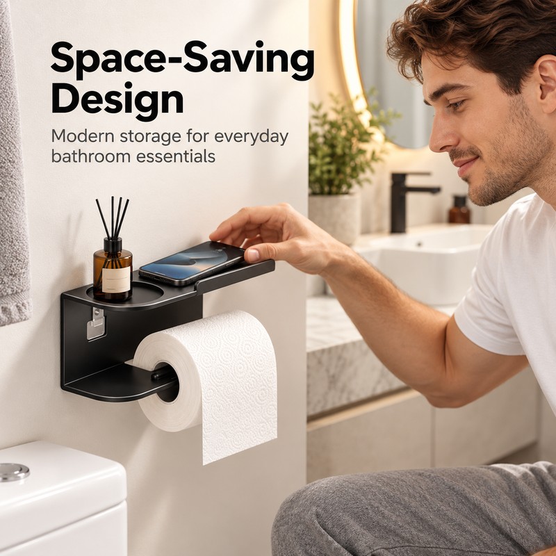 Wall-Mounted Toilet Paper Holder with Shelf – Carbon Steel Bathroom