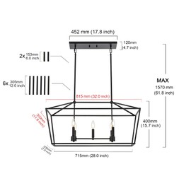 MELUCEE 5-Light Kitchen Island Lighting Linear Traditional Classic Chandeliers, Farmhouse Dining Room Light Candle Pendant Lighting Hanging Matte Black Finish for Foyer Restaurant, E12 Base