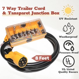 MECMO 7 Way Plug Inline Trailer Cord 8Ft, 7 Gang Junction Box, Heavy Duty 7 Terminals Clear Transparent Waterproof Cover for RV, Camper, Trailer Light, Yellow