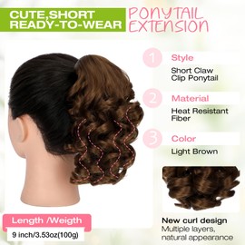Fanguilar Ponytail Extension, 9" Short Claw Clip Ponytail Extension Curly Wavy Jaw Clip on Pony Tails Hair Extension Synthetic Hairpiece for Women, Light Brown