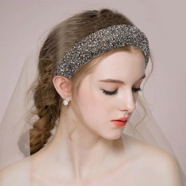 Cutewing 2PCS Sparkle Wide Headband for Women Rhinestone Padded Headband Black Sliver Glitter Hairbands Comfort High Elastic Head Band Bling Hair Accessories for Womens Girls Hair