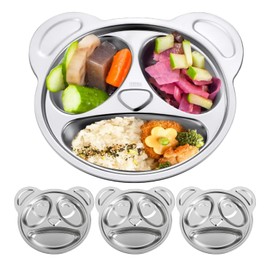 Set of 4 Stainless Steel Divided Plates, Food-Grade Unbreakable Dinner Plate, Plates 304 Stainless Divided Platter，Cute Panda Shape Divided Plates for Picky Eaters, Lunch, Camping