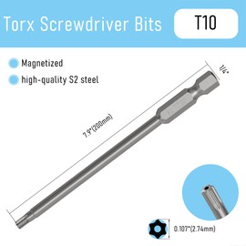 FOCMKEAS 5PCS T10 Magnetic Tamper Proof Torx Screwdriver Bits, 1/4 Inch Hex Shank 7.9 Inch Length S2 Steel Security Drill Torx Head Drill Screw Driver Tools(200mm Long, Star 6 Point)