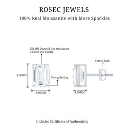 Emerald Cut Moissanite Solitaire Stud Earrings for Women, 6X8 MM, Certified, Lab Grown Diamond Screw Back Earrings in Gold Plated Silver, D-VS1 Quality, 925 Sterling Silver