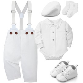 Bunnycool 5 Pcs Baby Boy Baptism Outfits Includes Shirt Beret Hat Suspender Pants Shoes Socks Christening Outfits for Boys (0-6 Months)