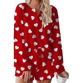 Women's Ruffle Long Sleeve Tops and Shorts Hearts Pajama Sets WTR XL