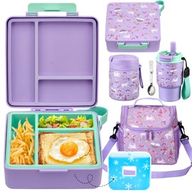 Pawtong Lunch Box Set with Bento Box Container, 17OZ Stainless Steel Food Soup Thermo, Kids Water Bottle & Portable Insulated Lunch Bag, Leakproof, Hot/Cold Retention for School, Travel (Purple-Horse)