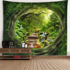 Hoisy Forest Tapestry Jungle Wood Cave Wall Hanging Green Wall Hanging Art for Living Room 230x180 cm