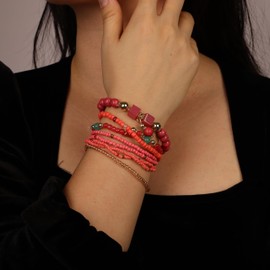 YERTTER 8 pcs Boho Multi-Strand Beaded Bracelet Set Vintage Ethnic Strand Stretch Bangle Bracelet for Women, 7.5 Inches, beads, no gemstone