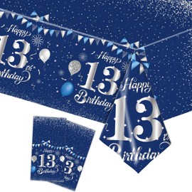 COSORO 2pcs Navy Silver Happy 13th Birthday Table Cloth, 137*274cm Tablecloth for Boys Girls, Plastic Tablecloths Table Cover for 13th Birthday Decorations