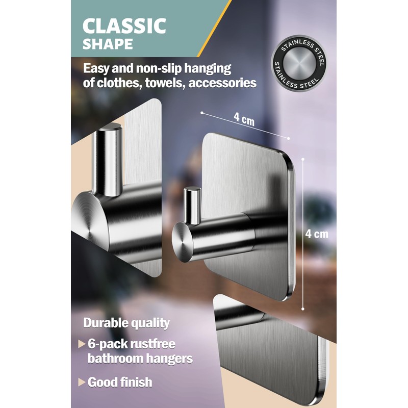 Menz 6-Pack Adhesive Towel Hooks for Bathrooms, Stainless Steel -