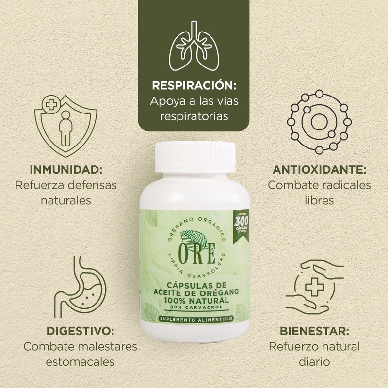 ORE Cápsulas de Orégano Silvestre 300 piezas 80% Carvacrol |