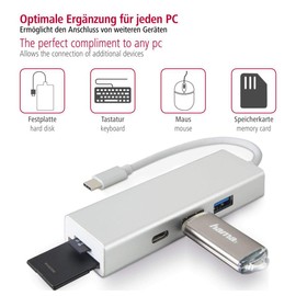 Hama USB 3.1 Type-C Hub 3 Way with Card Reader (2x USB-A, 1x USB-C, SD/SDHC/SDXC/microSD/microSDHC/microSDXC, for PC/Mac/Laptop/Tablet, OTG Enabled) External USB Splitter Card Reader