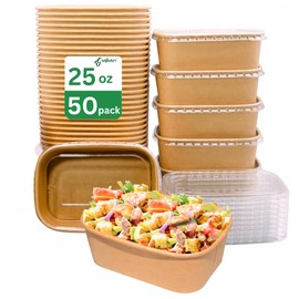 ganfaner 25 oz Disposable Bowls, 50 Sets Large Kraft Square Paper Bowls, Disposable Meal Prep Food Container with Sealing Lid, Microwave Safe Leakproof Serving Bowls, Perfect for Party Lunch Hot Soup