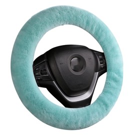 Fuzzy Wool Sheepskin car Steering Wheel Cover for Girls Women Men,Fluffy Soft Protector for Universal Steering Wheel 14 1/2-15 1/2inchs, Anti-Slip,Comforting Luxurious (Mint Green)