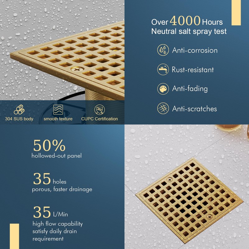 Yaseingoo 4-1/4" Square Shower Drain Kit - Champagne Bronze 304